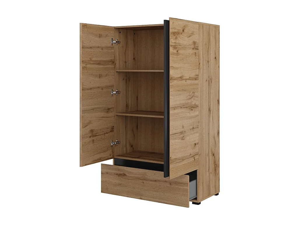 Armario de almacenamiento HAVANA en roble y negro con 2 puertas y 1 cajón - Mueble moderno y compacto para dormitorio