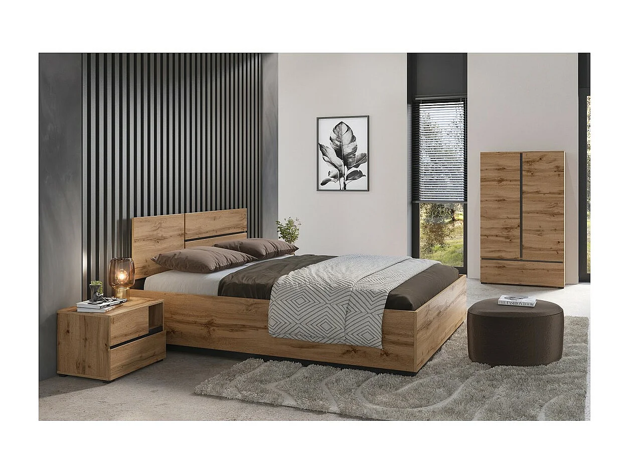 Armario de almacenamiento HAVANA en roble y negro con 2 puertas y 1 cajón - Mueble moderno y compacto para dormitorio