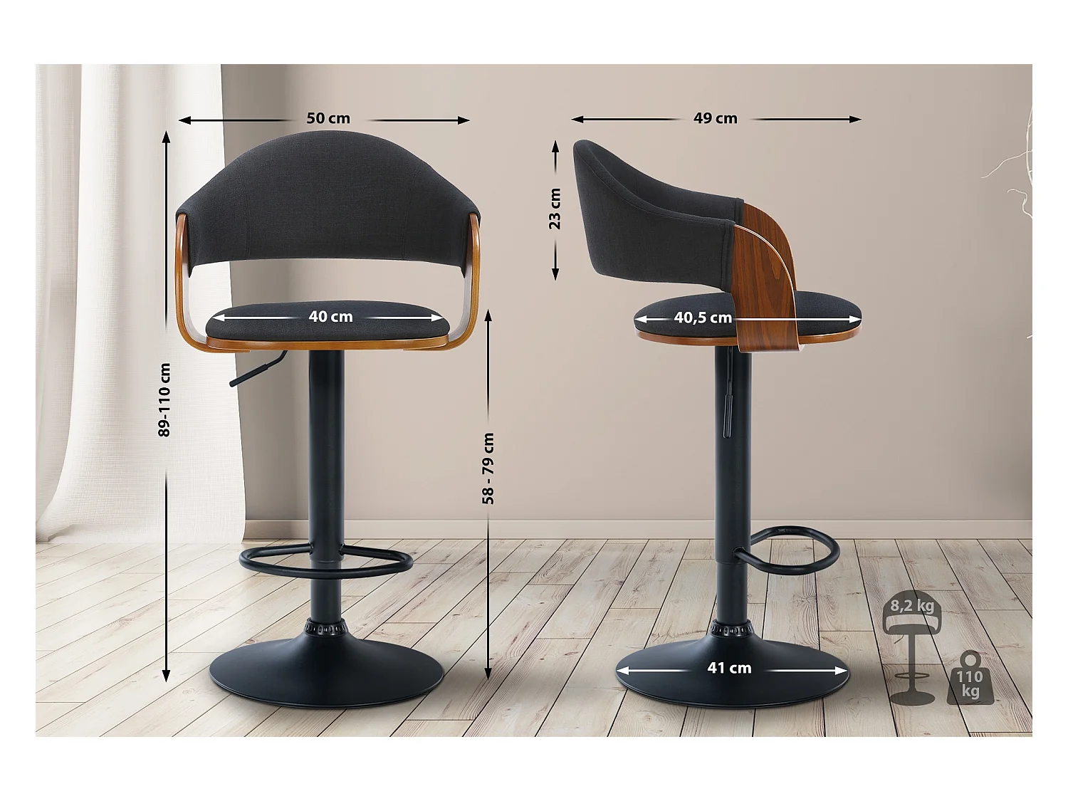 Lot de 2  Tabouret de bar - Tissu - Noyer / Noir - Nilse