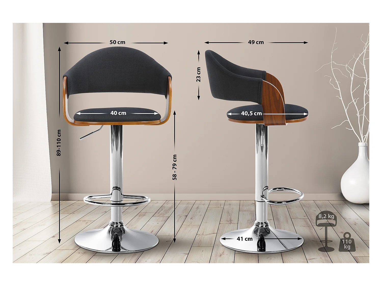 Lot de 2  Tabouret de bar - Tissu - Noyer / Noir - Nilse