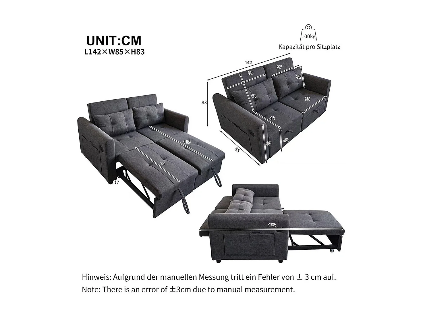 Canapé convertible 2 places 3 en 1 avec dossier réglable USB poches d'accoudoirs et coussins lin gris