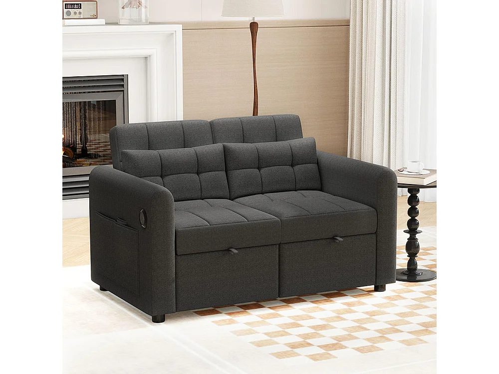 Canapé convertible 2 places 3 en 1 avec dossier réglable USB poches d'accoudoirs et coussins lin gris