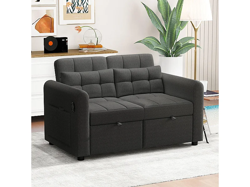 Canapé convertible 2 places 3 en 1 avec dossier réglable USB poches d'accoudoirs et coussins lin gris