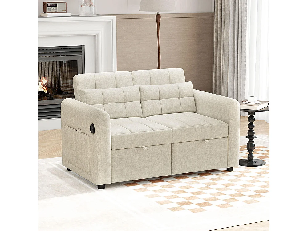 Canapé convertible 2 places 3 en 1 avec dossier réglable USB poches d'accoudoirs et coussins lin beige