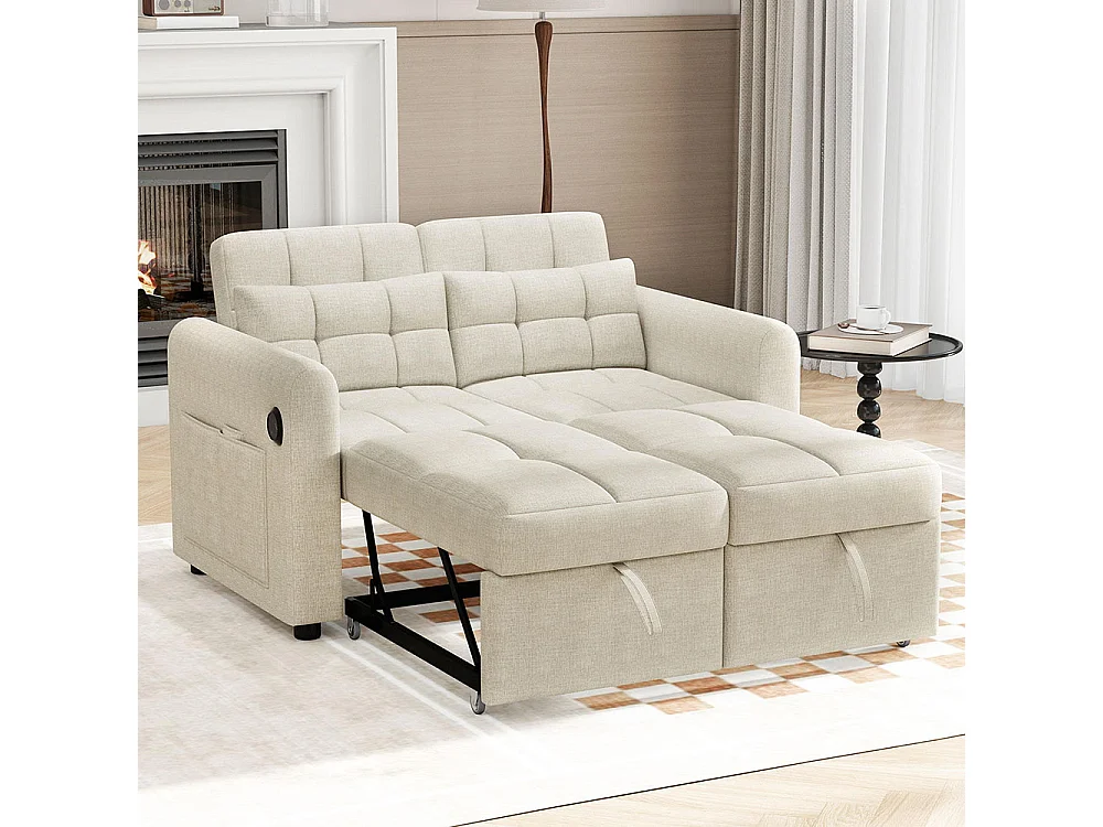 Canapé convertible 2 places 3 en 1 avec dossier réglable USB poches d'accoudoirs et coussins lin beige