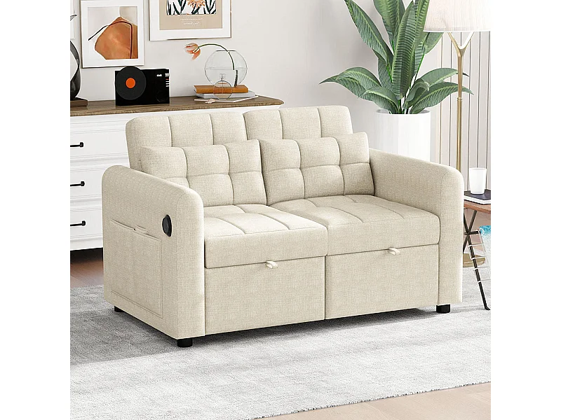 Canapé convertible 2 places 3 en 1 avec dossier réglable USB poches d'accoudoirs et coussins lin beige