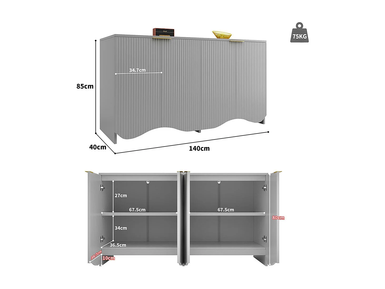 Buffet gris armoire de rangement design ondulé pieds pour salle à manger