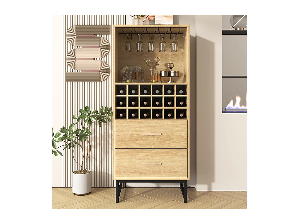 Buffet élégante armoire à vin avec 2 tiroirs 18 compartiments et porte-verres pieds en métal noir mat Couleur du bois
