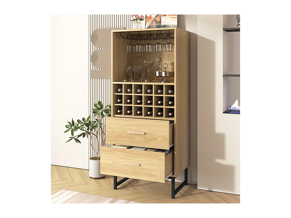 Buffet élégante armoire à vin avec 2 tiroirs 18 compartiments et porte-verres pieds en métal noir mat Couleur du bois