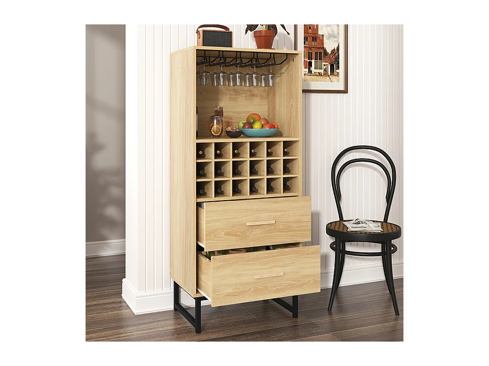 Buffet élégante armoire à vin avec 2 tiroirs 18 compartiments et porte-verres pieds en métal noir mat Couleur du bois