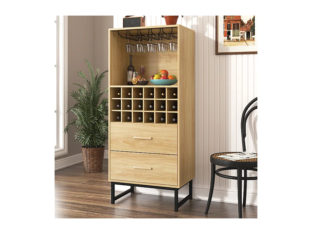 Buffet élégante armoire à vin avec 2 tiroirs 18 compartiments et porte-verres pieds en métal noir mat Couleur du bois