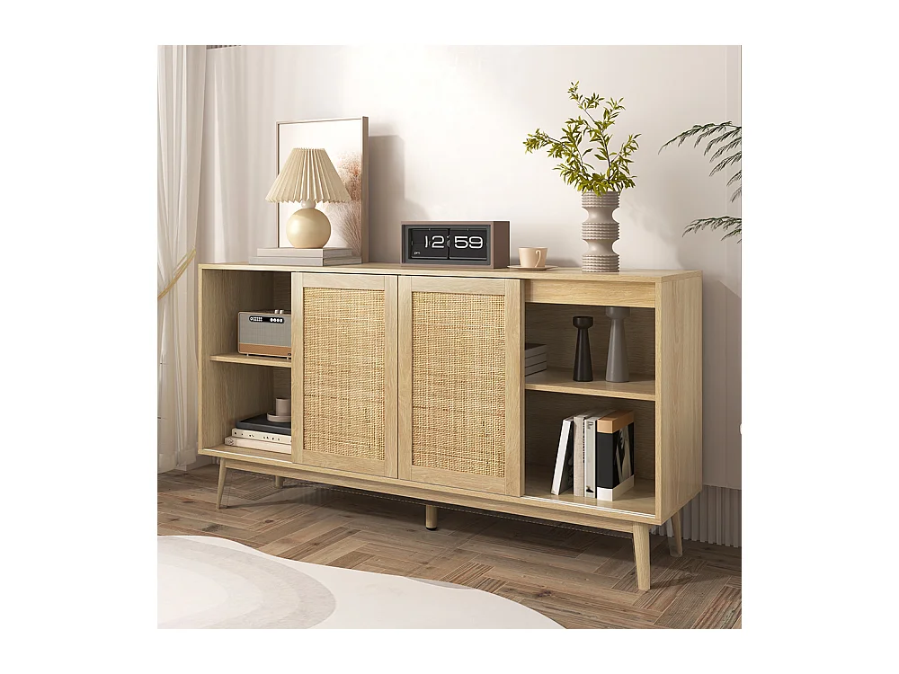 Buffet avec 3 portes coulissantes en rotin véritable et 2 tiroirs respirant stable et polyvalent Naturel