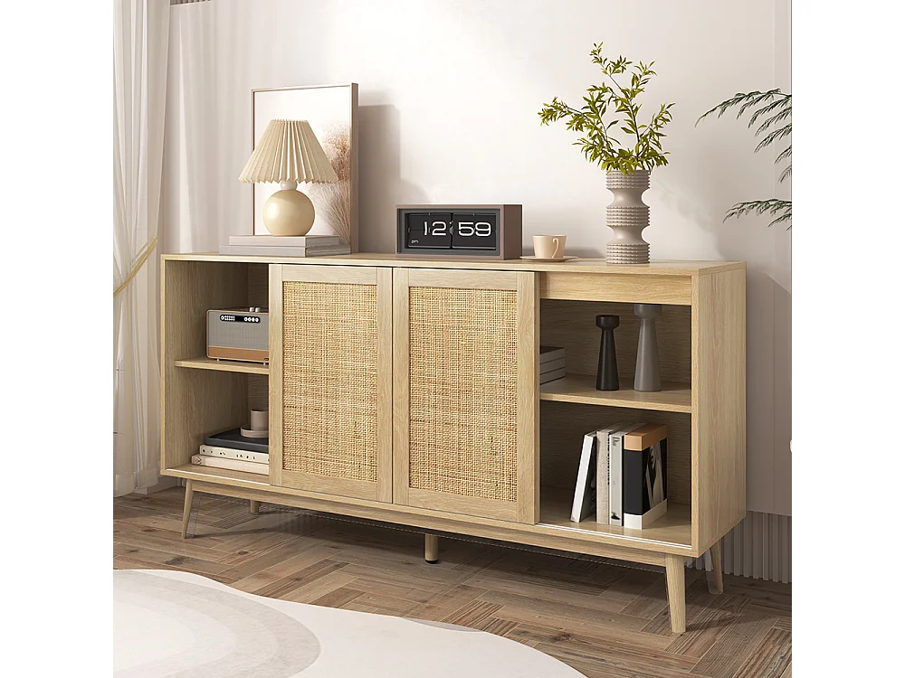 Buffet avec 3 portes coulissantes en rotin véritable et 2 tiroirs respirant stable et polyvalent Naturel