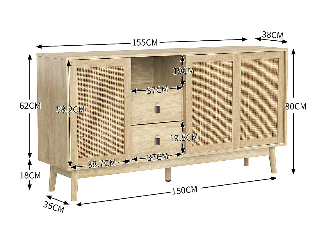 Buffet avec 3 portes coulissantes en rotin véritable et 2 tiroirs respirant stable et polyvalent Naturel