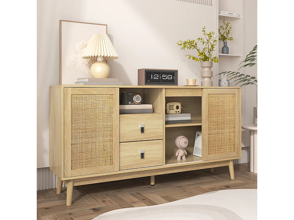 Buffet avec 3 portes coulissantes en rotin véritable et 2 tiroirs respirant stable et polyvalent Naturel