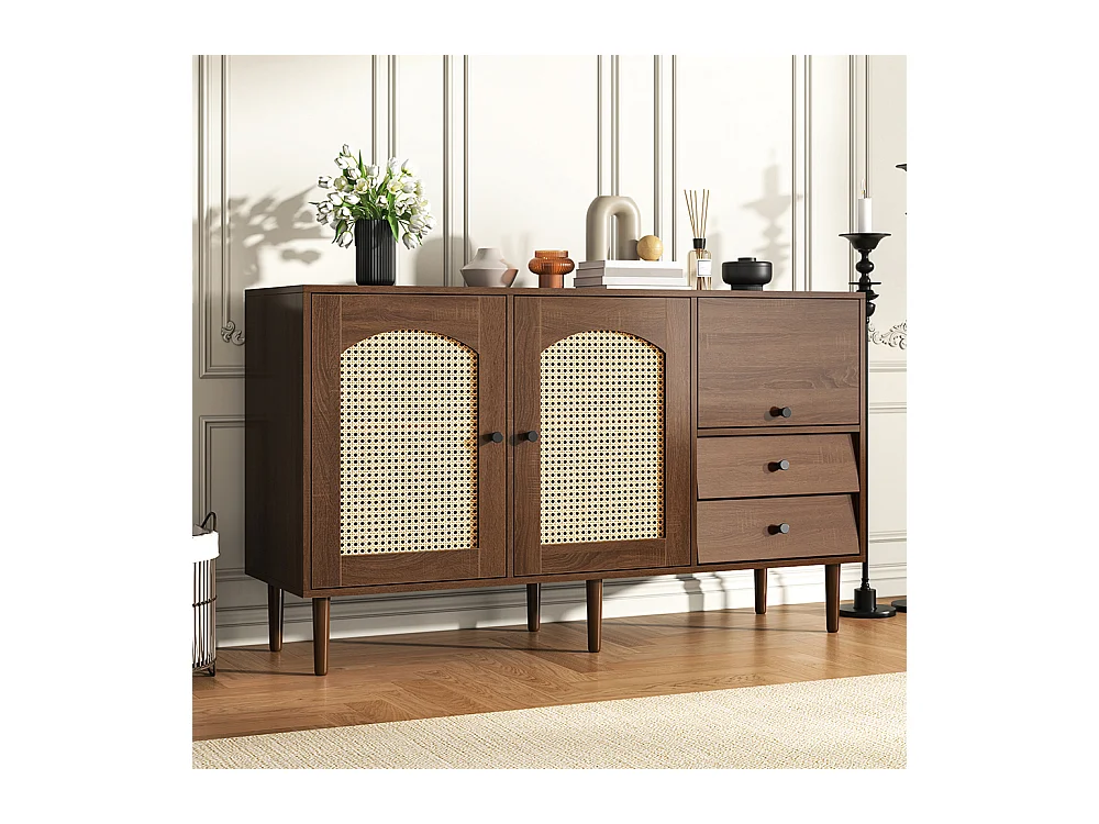 Buffet de style campagnard avec portes en rotin fermeture magnétique étagères réglables structure stable Bois