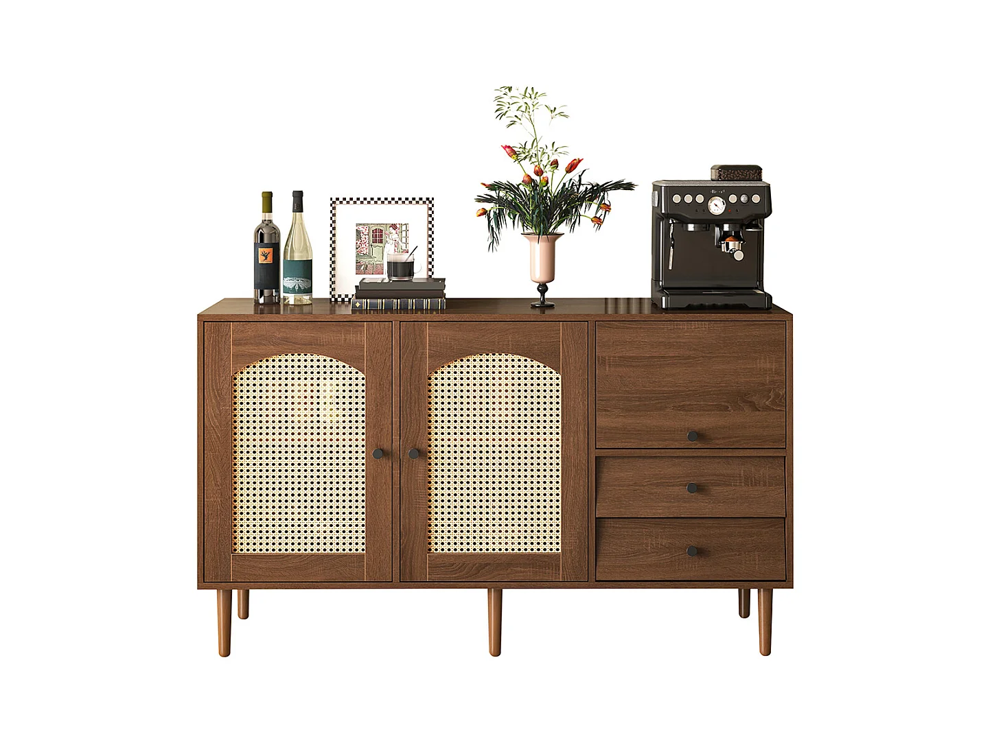 Buffet de style campagnard avec portes en rotin fermeture magnétique étagères réglables structure stable Bois