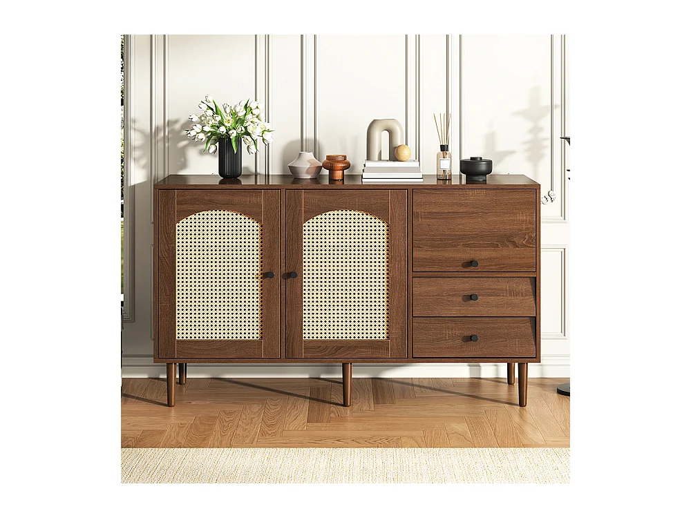 Buffet de style campagnard avec portes en rotin fermeture magnétique étagères réglables structure stable Bois