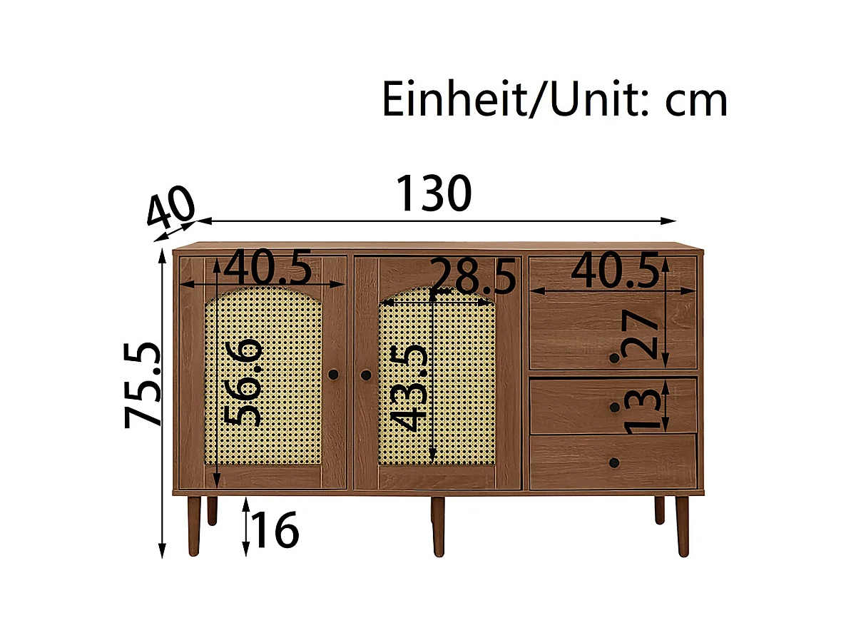 Buffet de style campagnard avec portes en rotin fermeture magnétique étagères réglables structure stable Bois