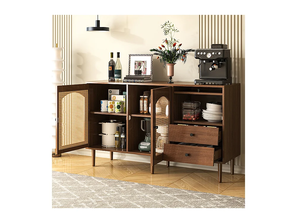 Buffet de style campagnard avec portes en rotin fermeture magnétique étagères réglables structure stable Bois