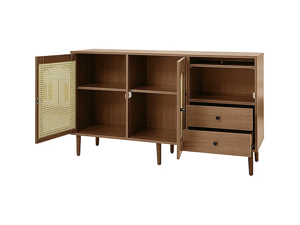 Buffet de style campagnard avec portes en rotin fermeture magnétique étagères réglables structure stable Bois