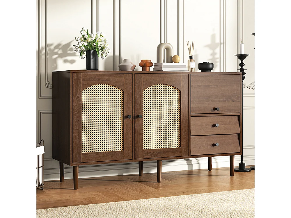 Buffet de style campagnard avec portes en rotin fermeture magnétique étagères réglables structure stable Bois