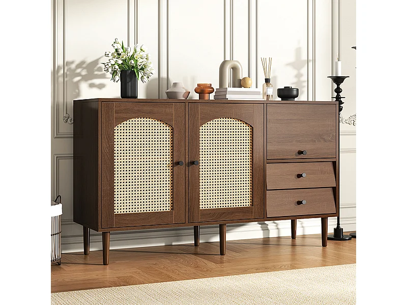 Buffet de style campagnard avec portes en rotin fermeture magnétique étagères réglables structure stable Bois
