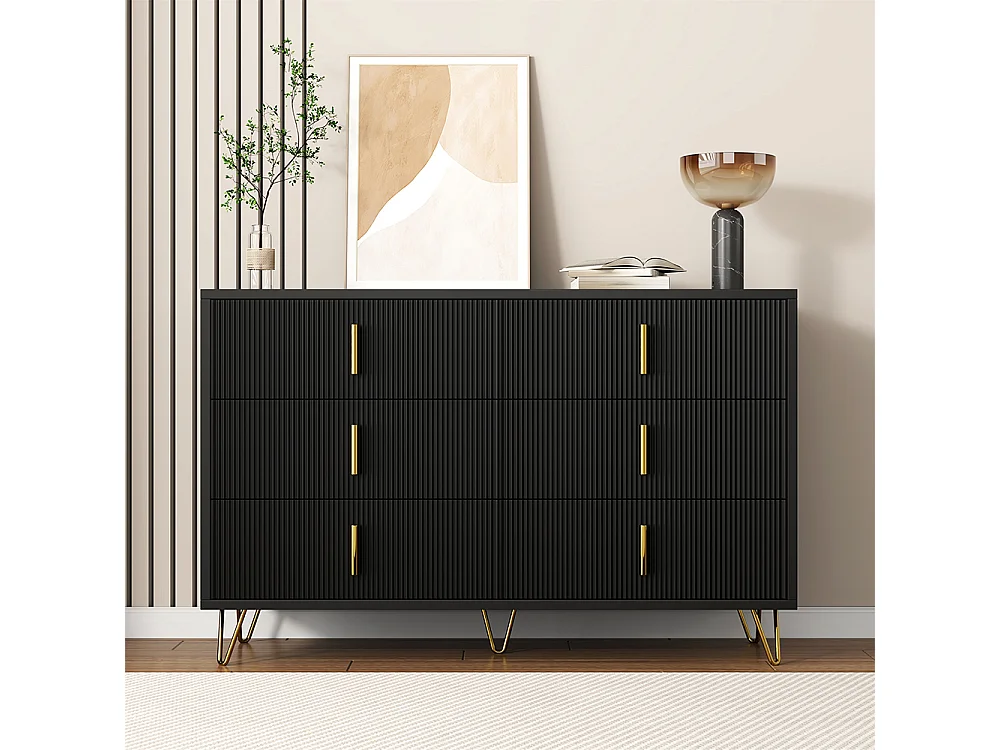 Buffet élégant au design moderne commode et nombreux espaces de rangement poignées dorées Noir
