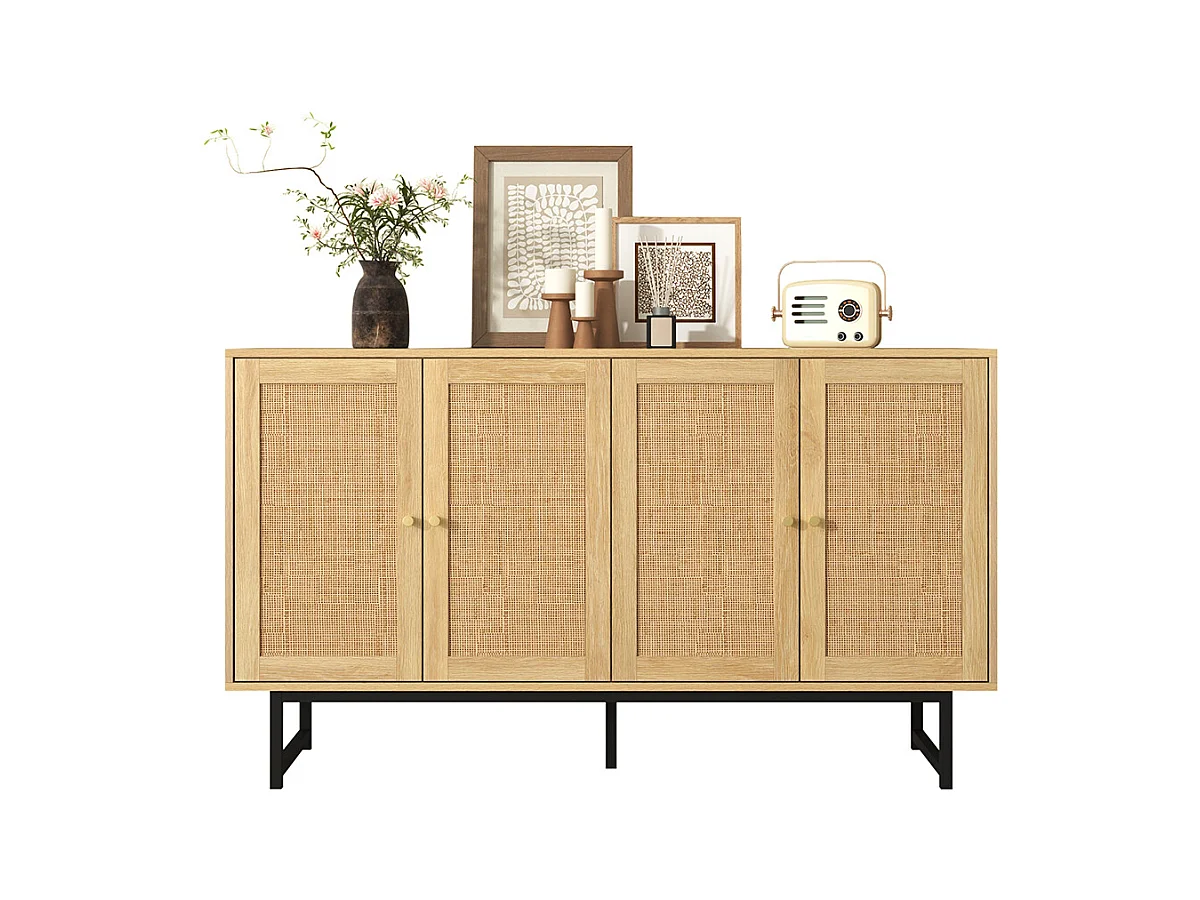 Buffet avec véritable rotin tressé 4 portes Bois