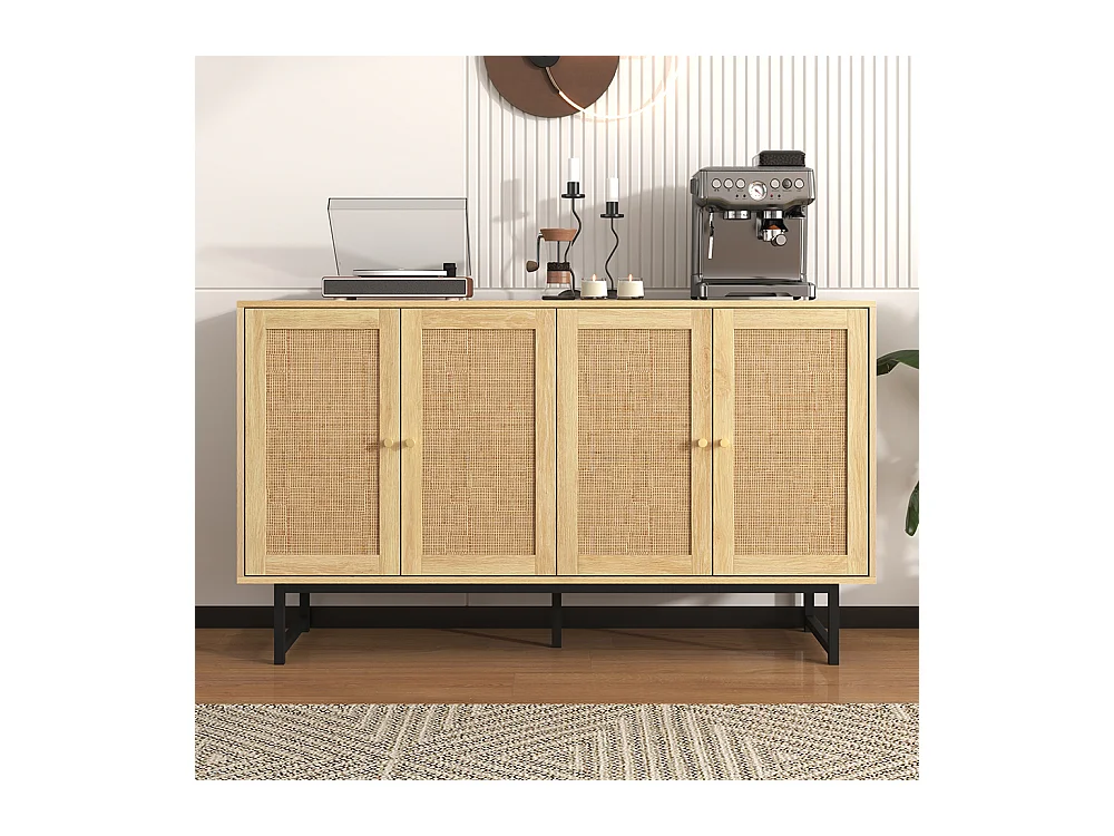 Buffet avec véritable rotin tressé 4 portes Bois