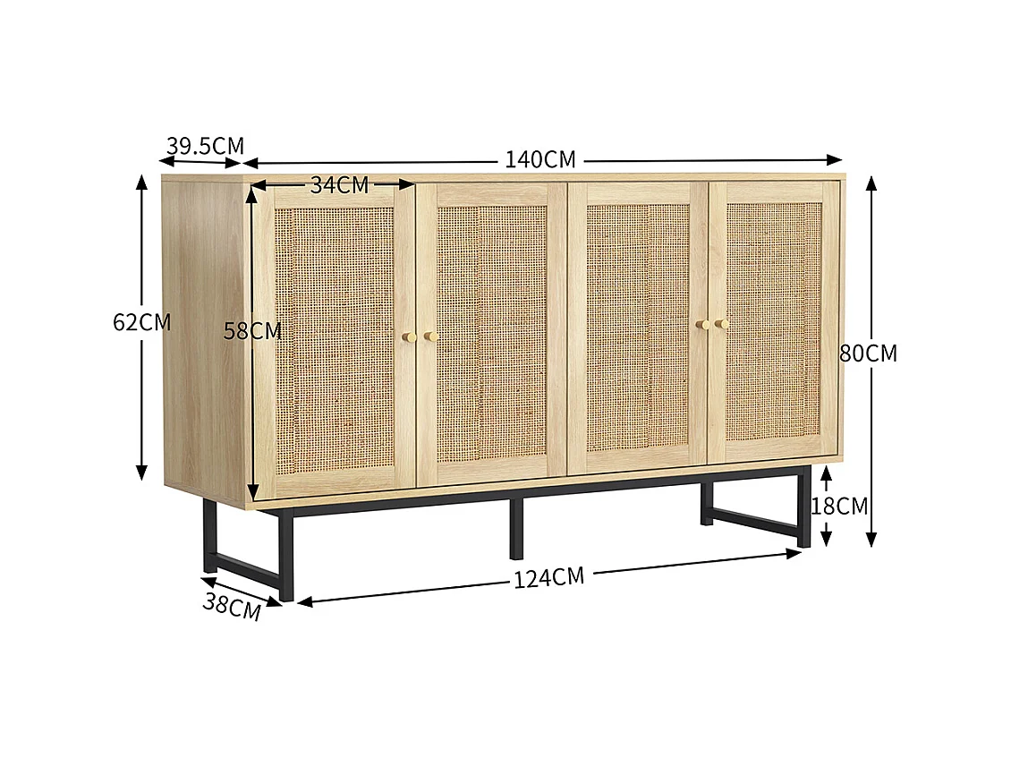 Buffet avec véritable rotin tressé 4 portes Bois