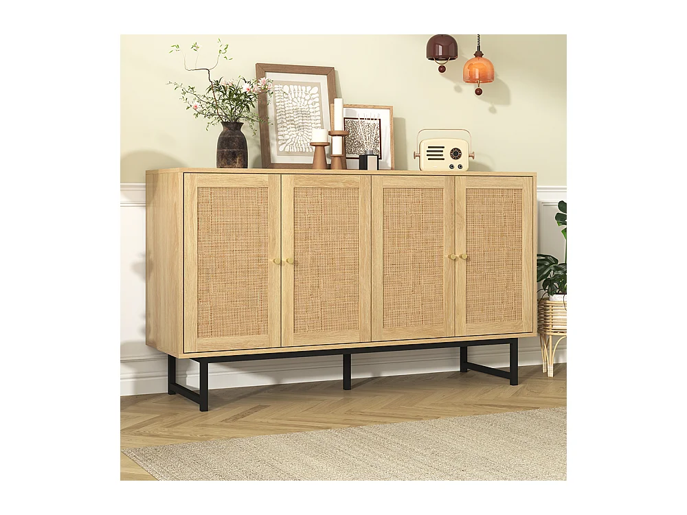 Buffet avec véritable rotin tressé 4 portes Bois