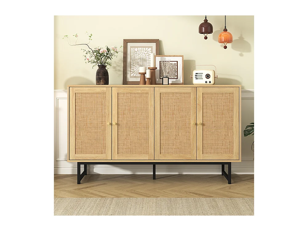 Buffet avec véritable rotin tressé 4 portes Bois