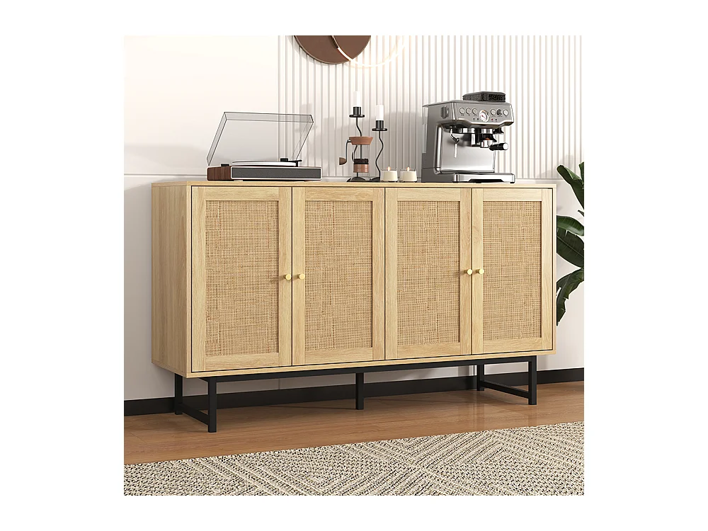 Buffet avec véritable rotin tressé 4 portes Bois