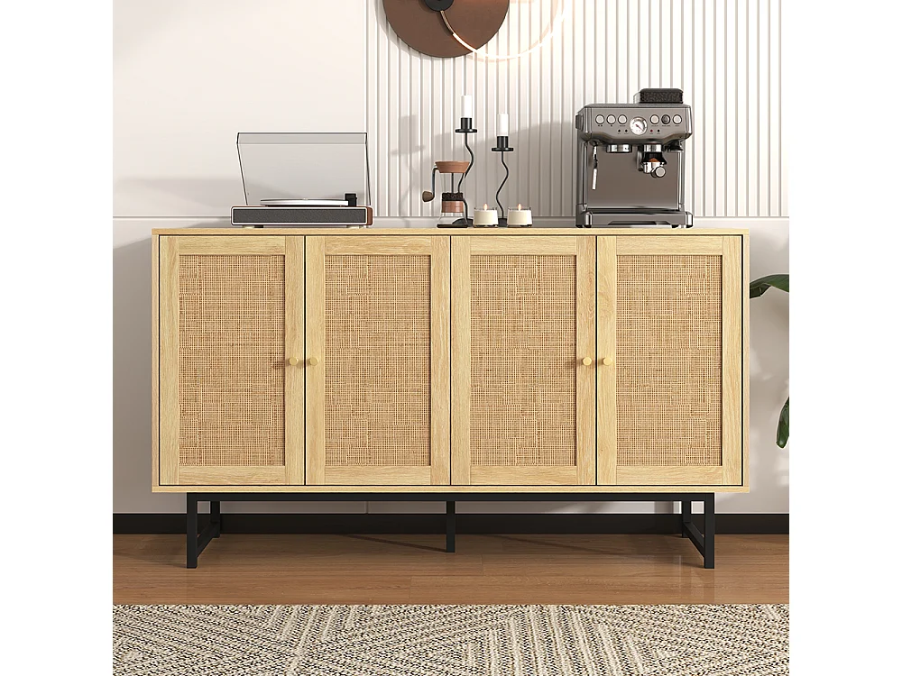 Buffet avec véritable rotin tressé 4 portes Bois