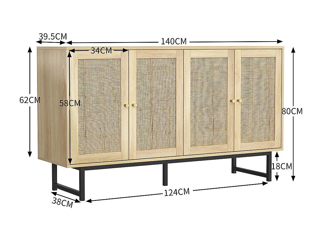 Buffet avec véritable rotin tressé 4 portes Bois