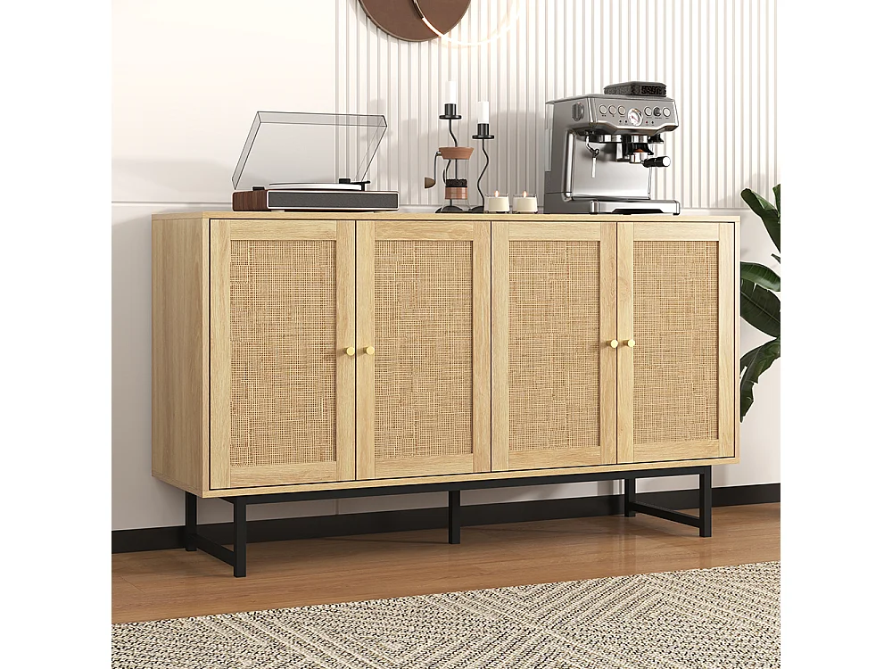 Buffet avec véritable rotin tressé 4 portes Bois