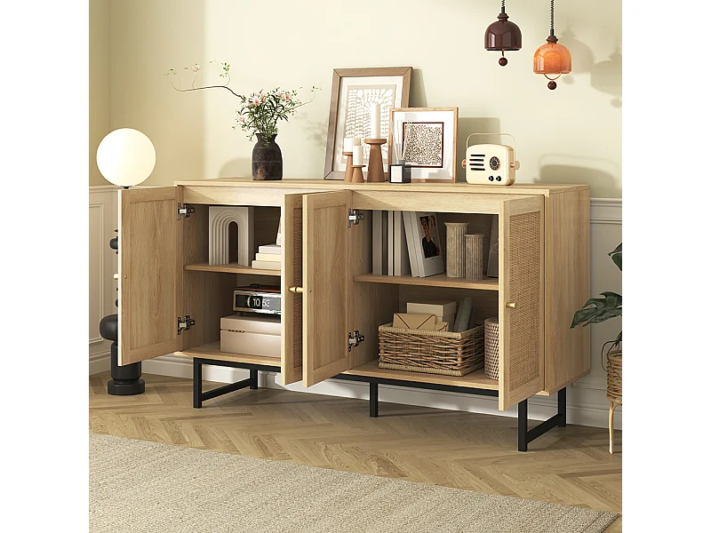 Buffet avec véritable rotin tressé 4 portes Bois