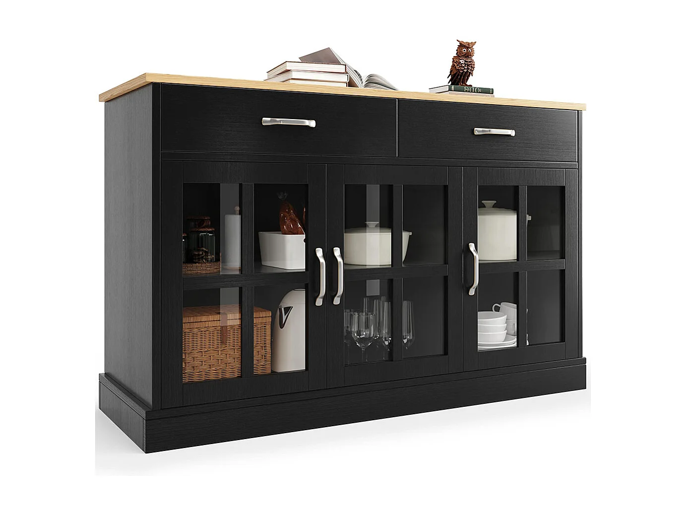 Buffet noir armoire de cuisine rangement verre vintage anti-basculement pour cuisine salon