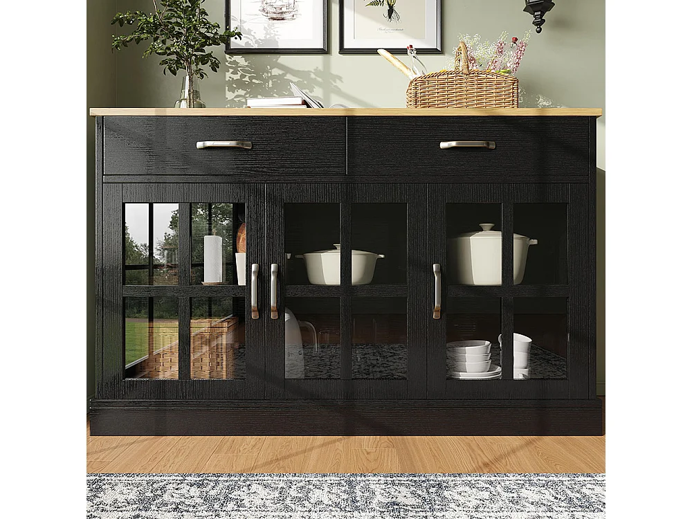 Buffet noir armoire de cuisine rangement verre vintage anti-basculement pour cuisine salon
