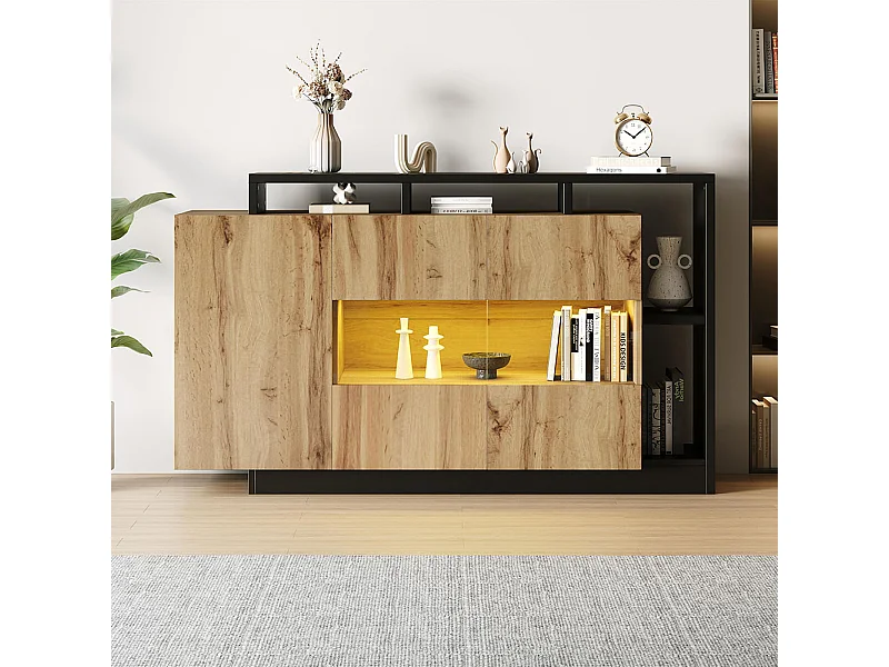 Buffet moderne LED en MDF pour salle à manger plateau en verre commande bluetooth et finition bois