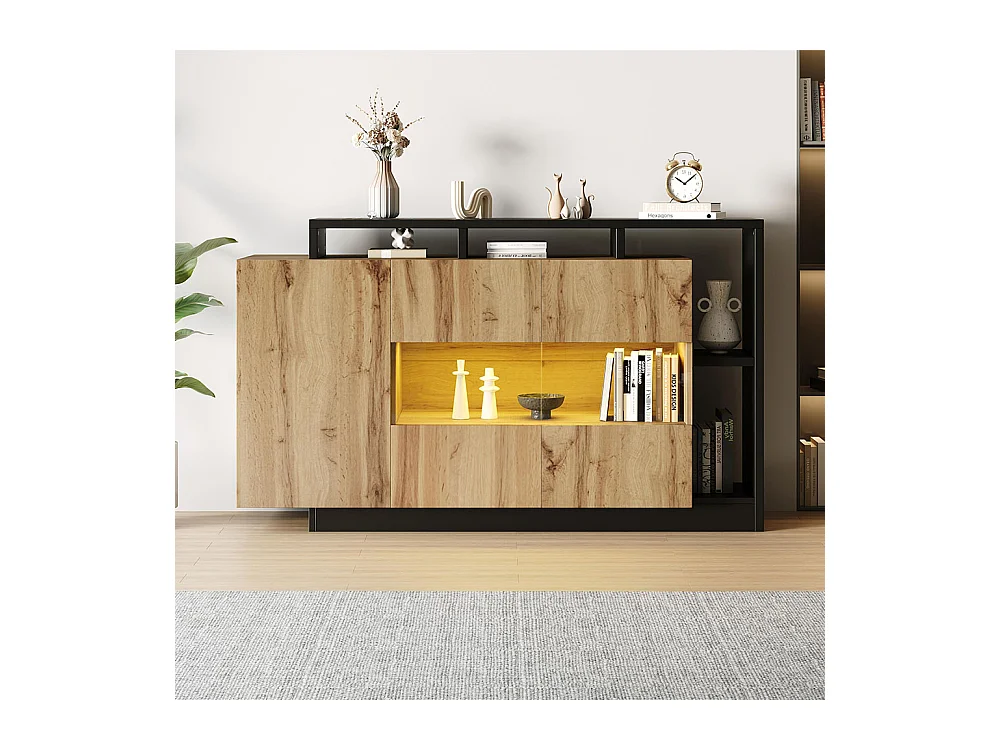 Buffet moderne LED en MDF pour salle à manger plateau en verre commande bluetooth et finition bois