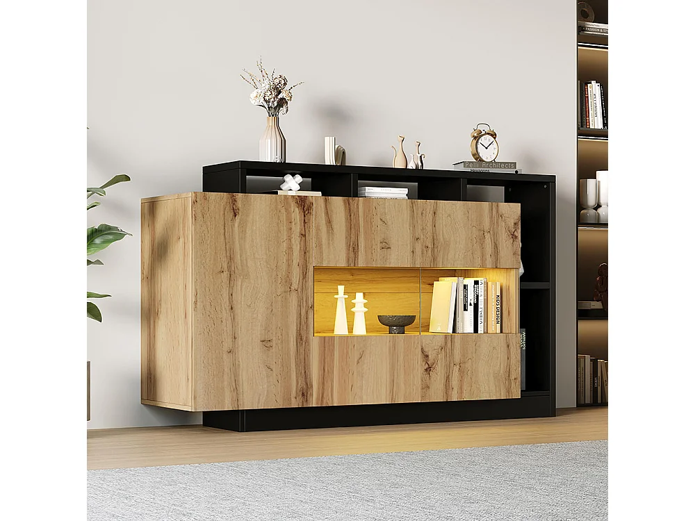 Buffet moderne LED en MDF pour salle à manger plateau en verre commande bluetooth et finition bois