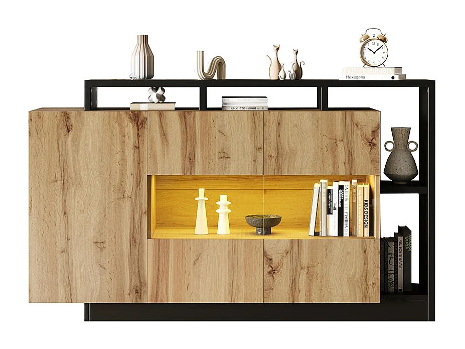 Buffet moderne LED en MDF pour salle à manger plateau en verre commande bluetooth et finition bois