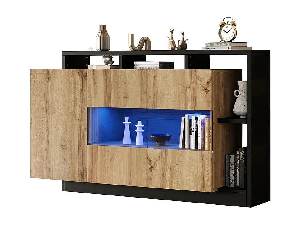 Buffet moderne LED en MDF pour salle à manger plateau en verre commande bluetooth et finition bois