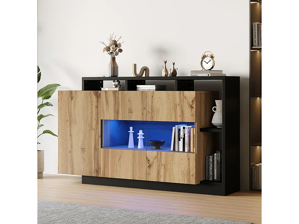 Buffet moderne LED en MDF pour salle à manger plateau en verre commande bluetooth et finition bois