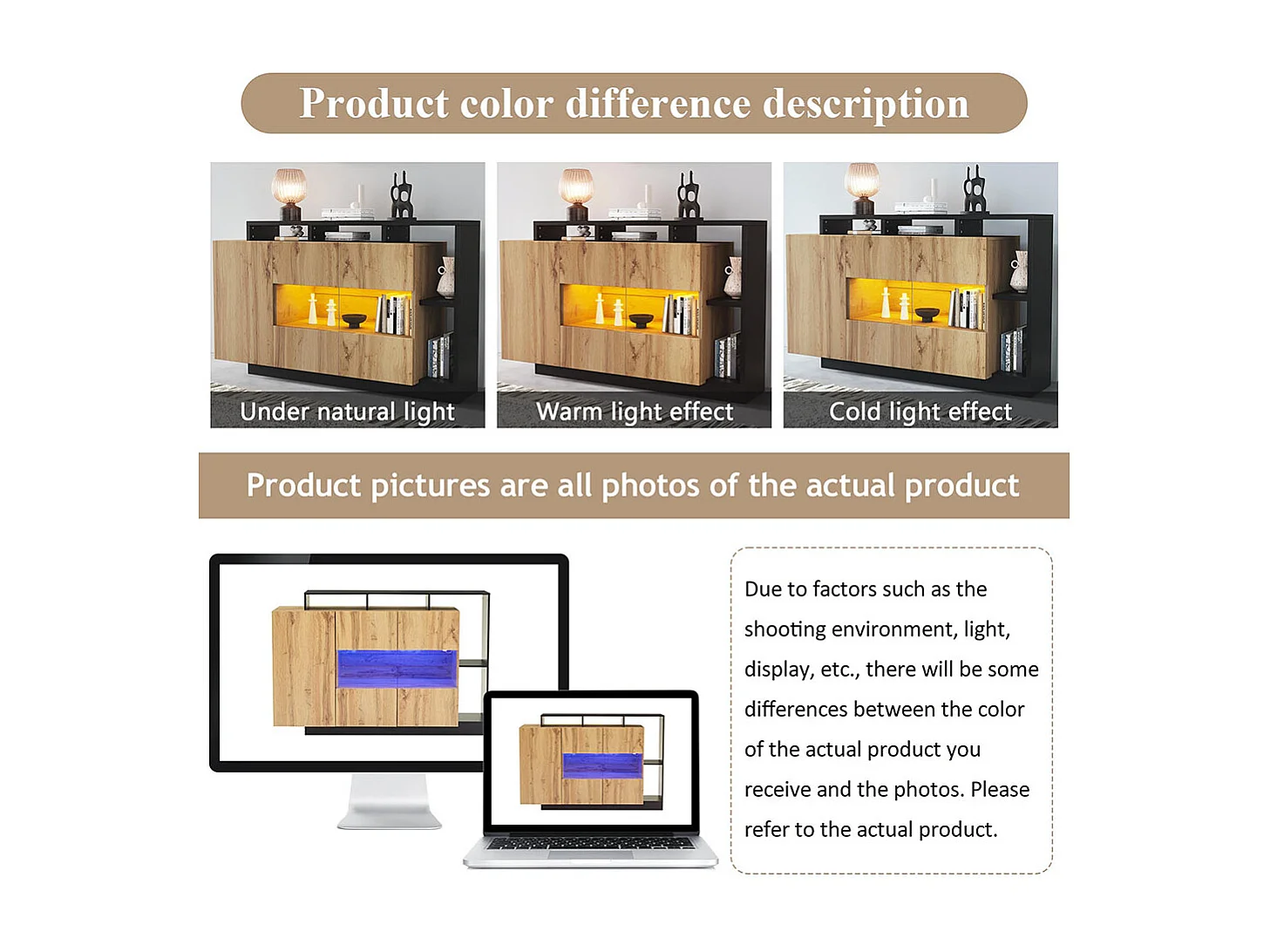 Buffet moderne LED en MDF pour salle à manger plateau en verre commande bluetooth et finition bois