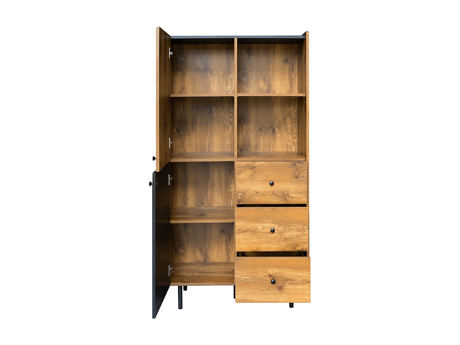 Buffet de haut buffet moderne avec deux portes trois tiroirs et des étagères ouvertes Noir+Bois