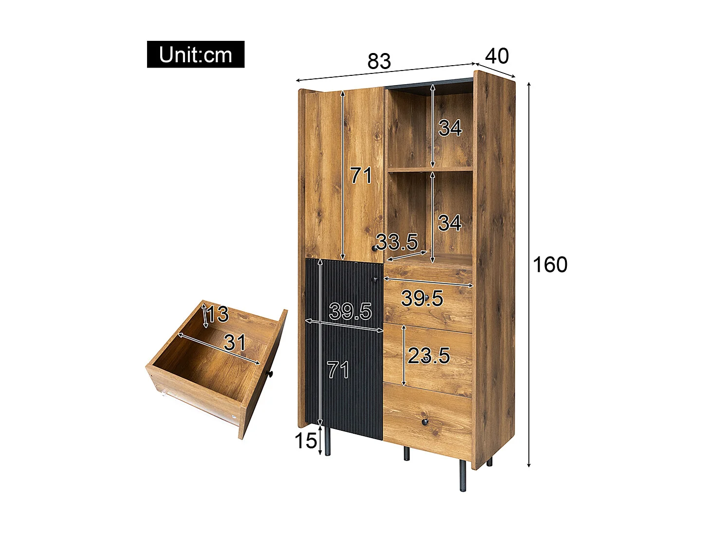 Buffet de haut buffet moderne avec deux portes trois tiroirs et des étagères ouvertes Noir+Bois