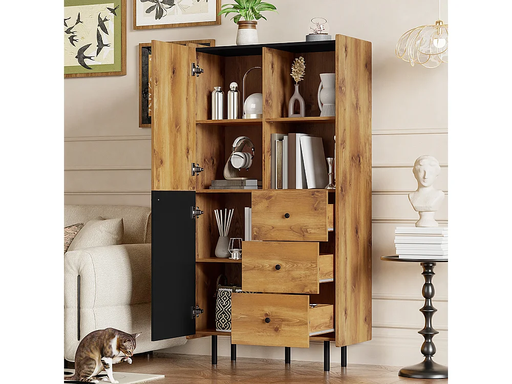 Buffet de haut buffet moderne avec deux portes trois tiroirs et des étagères ouvertes Noir+Bois